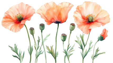 Elegant Watercolor Peach Poppies Floral Design Botanical Illustration Nature Painting Art Print Summer Flower Background Red Leaf Stem Soft 