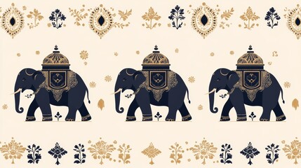 A current illustration of a historic Mughal elephant caravan intended for wallpaper
