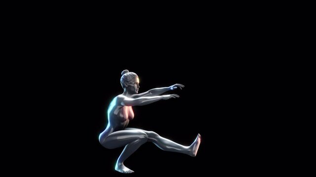 A looping animation of a female 3D character performing pistol dip exercises, rendered in a reflective chrome style with an embedded alpha for easy drag and drop.