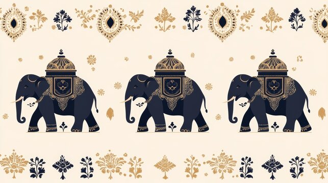 A current illustration of a historic Mughal elephant caravan intended for wallpaper