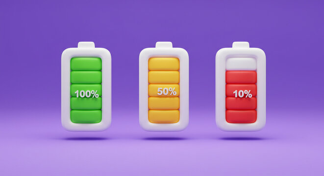 Three playful battery icons showing 100%, 50%, and 10% charge levels against a vibrant purple background.