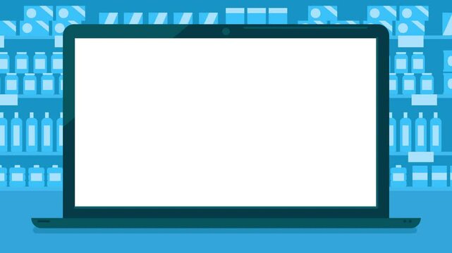 Animation of a blank laptop computer display screen on moving supermarket grocery shelf background on Cartoon style. Concept of online shopping, e-commerce, black friday, cyber monday, hot sale.