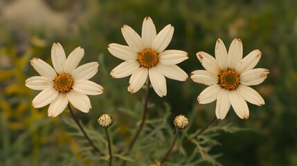 Fototapeta premium Three Delicate White Daisies Close Up Macro Shot