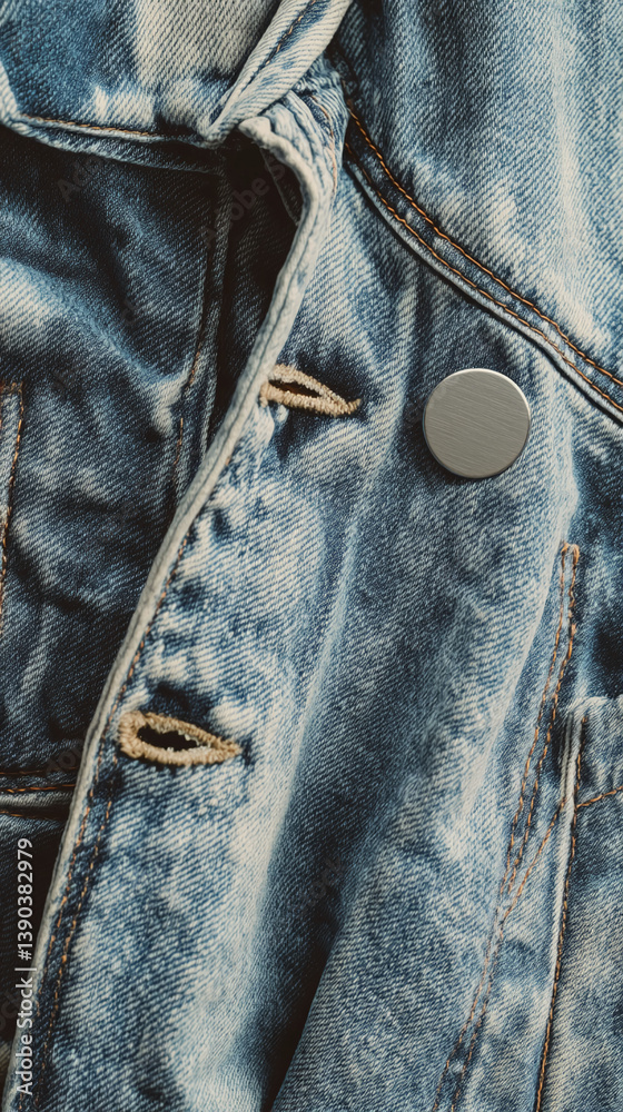 Poster close-up of blue denim texture, showing fabric weave and stitching detail, a metal button adding a s