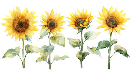 Obraz premium Vibrant Yellow Sunflowers Watercolor Painting Botanical Floral Summer Nature Art Print Design Element Stem Plant Sunny Happy Image Decor 
