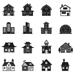 Architectural Icons: A curated collection of diverse architectural icons, a visual symphony of residential, commercial, and cultural structures in a simplistic monochrome style.