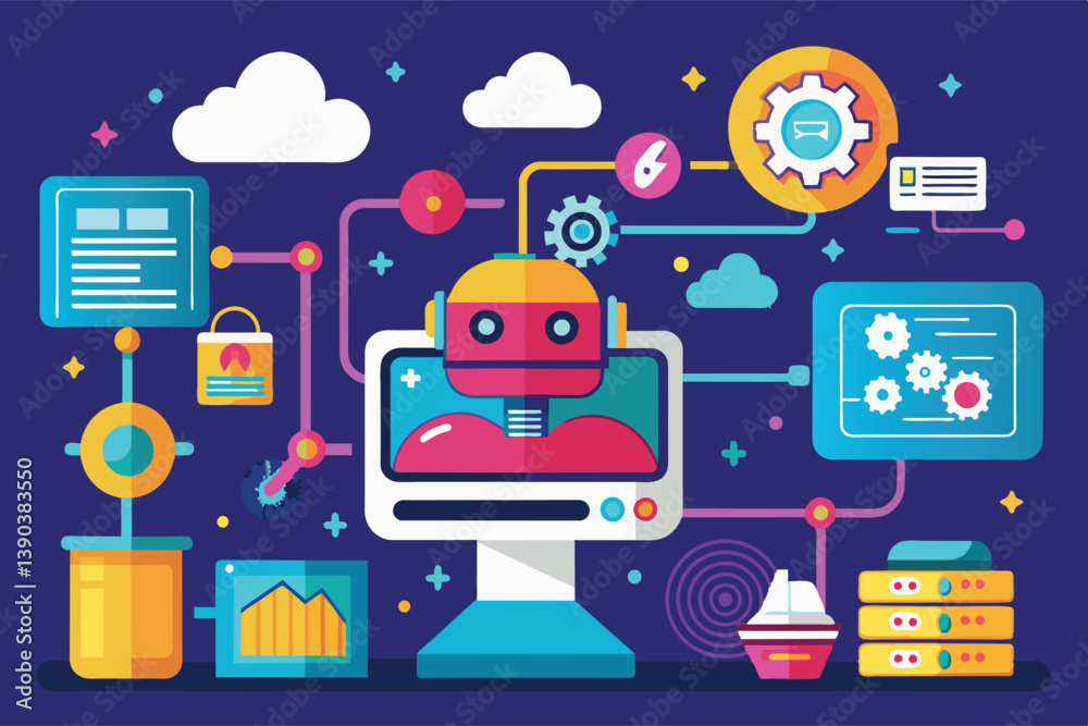 Poster a colorful illustration of an ai robot working within a cloud computing environment, surrounded by i