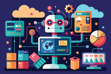 An illustration of a robot working with data and technology, surrounded by various devices, charts, and clouds.