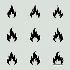Fiery Icons: A collection of nine stylized flame icons in a graphic set, each portraying different fiery shapes and levels of intensity. Perfect for symbolic use.
