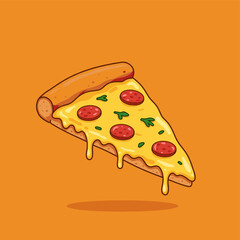 Pizza Slice: A vibrant slice of pizza showcases melted cheese, pepperoni, and fresh herbs. Set against an inviting orange backdrop.