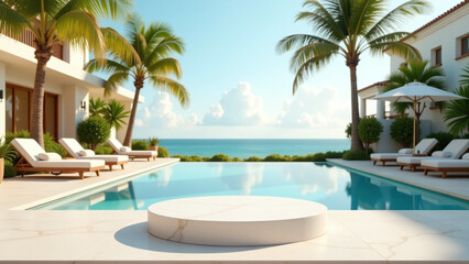 Fototapeta premium poolside luxury hotel scene features tropical summer backdrop palms neutral design elements warm inviting