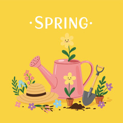 Blossom Bloom: A vibrant illustration of springtime with bright yellow background features a watering can adorned with blooming flowers and gardening equipment.