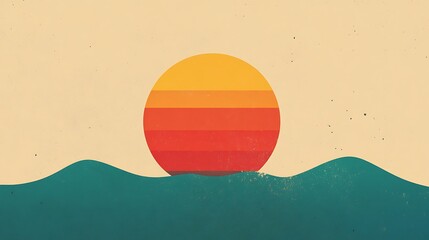 Retro sunset over ocean waves.