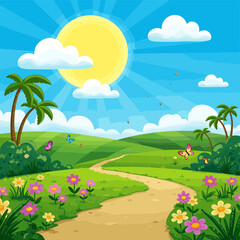 Obraz premium A Sunny Day Cartoon Landscape: A vibrant cartoon illustration depicts a bright sunny day in a beautiful, playful, outdoor environment. Featuring a sun, trees.