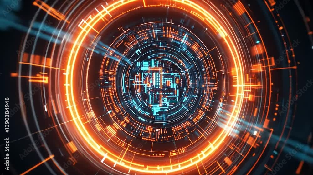 Poster futuristic digital abstract background with glowing circular elements and bright lines in blue and o