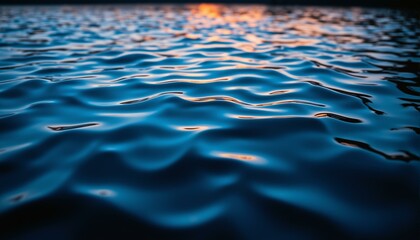A still image of molten steel flowing into a pool, reflecting the evening sky with rippling waves of indigo and silver hues.