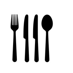 Minimalist Cutlery Silhouettes: A stark black and white composition showcases the clean lines of a fork, two knives, and a spoon, perfect for designs.