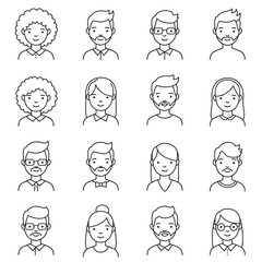 People Icons: A collection of illustrated face icons, each representing a unique individual with distinctive hairstyles and accessories, ideal for graphic resources.