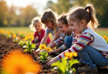 Children planting flowers in a sunny garden, enjoying nature together