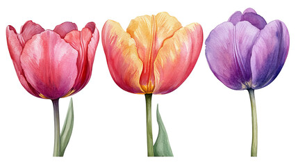 Three Watercolor Tulips Pink Purple Orange Floral Botanical Spring Flowers Isolated On Transparent Background art stem leaf plant bloom fresh 