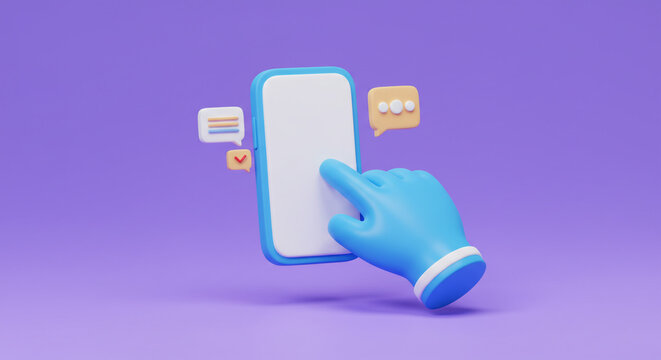A playful blue hand interacts with a smartphone displaying notifications, a cheerful 3D animation on a lavender background.