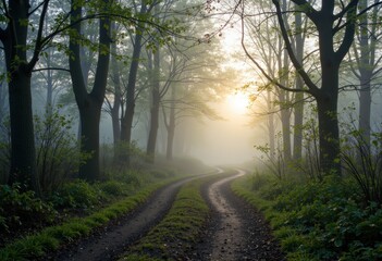 Serene forest path winding through misty trees at sunrise