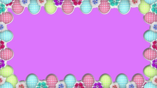 beautiful easter holiday decorated frame with different colourful eggs and flowers on pink colour background. concept for easter holiday greetings and blessings.