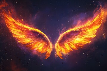 Fototapeta premium Fiery angel wings with a celestial aura, glowing edges