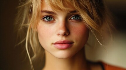 Fototapeta premium Portrait of young caucasian female with blonde hair and blue eyes