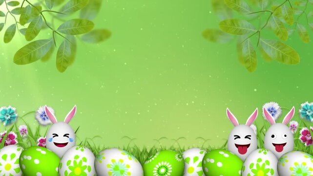 happy and crazy expression easter egg on beautiful green landscape background with decorated eggs, flowers, tree branch and sunlight. happy easter celebration concept.