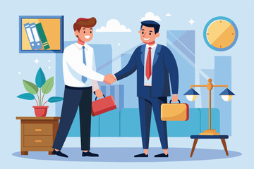 Obraz premium Two businessmen in suits shake hands in a modern office with a visible scale of justice, implying a legal or business context. They seem to be finalizing a successful negotiation.