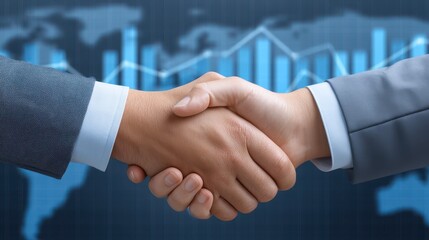 Businessmen handshake in global market with upward stock graphs for financial success