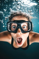 Fototapeta premium Surprised young caucasian female diver underwater with goggles and bubbles