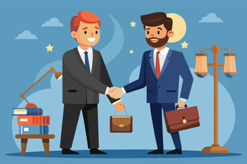 Obraz premium Two men in suits shake hands under a starry night sky, suggesting a successful business partnership.