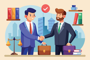 Obraz premium Two businessmen in suits shake hands in front of a city skyline, symbolizing a successful business agreement.