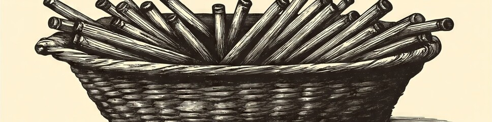Obraz premium A hand-drawn modern artwork of different woven baskets and sticks in a rustic setting, capturing the essence of traditional craftsmanship