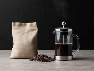Coffee brewing setup with fresh beans and French press on a kitchen countertop