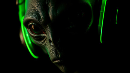Obraz premium An intense alien with green skin and red eyes wearing neon headphones, showcasing a futuristic sci-fi design.