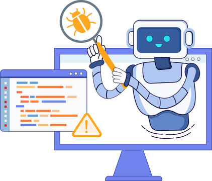 ai robot with magnifying glass check programming code and fix bugs software testing