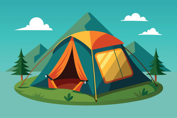 A cartoon image of a blue and orange tent set up in front of mountains, with a sunny blue sky and white clouds in the background.