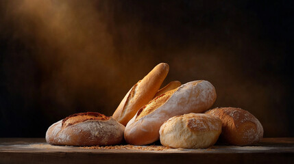 Assorted freshly baked breads resting on a wooden table with a warm, soft light highlighting their textures
