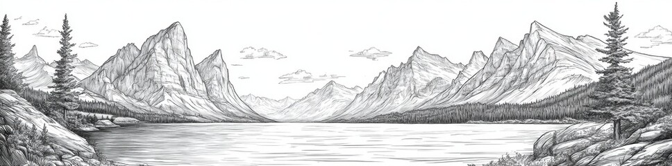 An exquisite modern hand-drawn illustration showcasing a peaceful lakeside with mountains and pine trees viewed from multiple perspectives