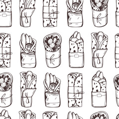Shawarma, sandwich, gyro, fresh roll of lavash, doner kebab. Tortilla wrap with vegetables. Vector seamless pattern.