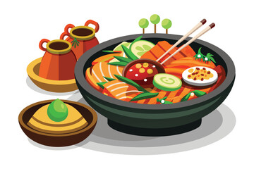 A black bowl filled with a delicious Asian dish featuring grilled salmon, cucumber, and other ingredients. The dish is accompanied by chopsticks and two small ceramic pots.