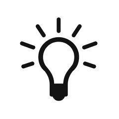 Simple, flat vector icon of an idea lightbulb with rays, on a white background