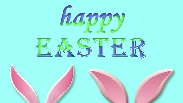 happy easter text on blue background with two bunny ears. happy easter holiday greetings and blessings.