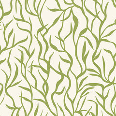 Folk hygge sea seamless pattern, fishes, seaweeds, corals, flowers and leaves scandinavian nordic style, ocean motives on background for wrapping, textile, digital and scrapbook paper