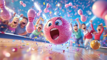 Bowling Frenzy: Animated Bowling Ball Rolling with Cheering Friends in a Colorful, Dynamic Scene