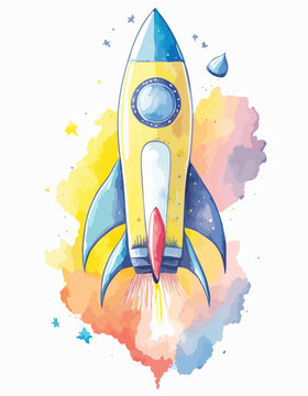 Fototapeta Kolorowa rakieta w stylu akwareli – ilustracja kosmiczna dla dzieci