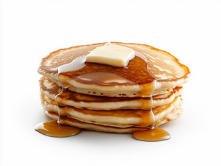 Fluffy pancakes stacked high with melted butter and syrup drizzling down on a plain background